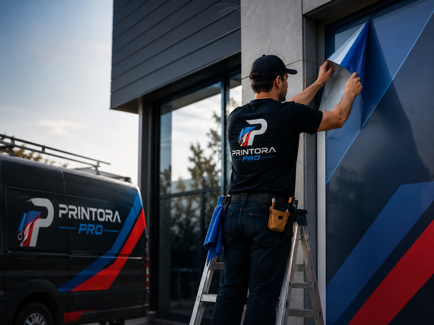 Printora Pro installer applying storefront vinyl beside a branded company van